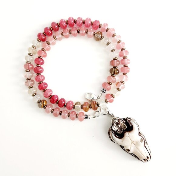 PREMIUM OMBRE ROSE GEMSTONE NECKLACE W/ BULL SKULL PENDANT--18"
